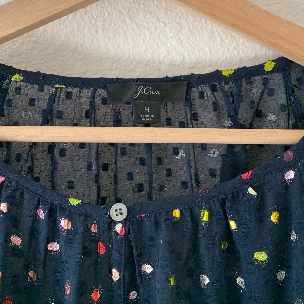 J. Crew Popover Navy Blue Rainbow Clip Dot Chiffon Top Size Medium K4385